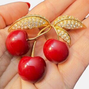 Joan Rivers Cherry Brooch Gold Tone Red Enamel Rhinestone Pin